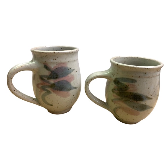 Handthrown Artisan Pottery Mugs Pastel Leaf Swirl Speckled Stone Boho Country - Picture 8 of 10